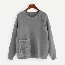 Romwe Faux Fur Pocket Patched Button Detail Sweater