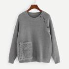 Romwe Faux Fur Pocket Patched Button Detail Sweater