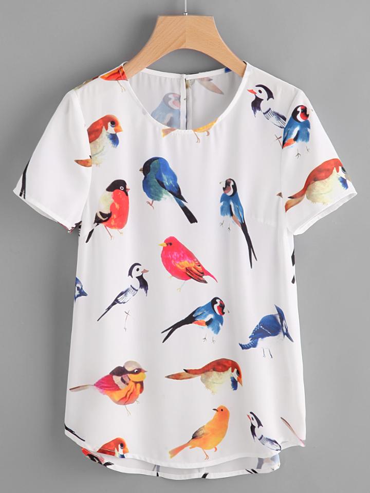Romwe Allover Bird Print Buttoned Keyhole Back Curved Top