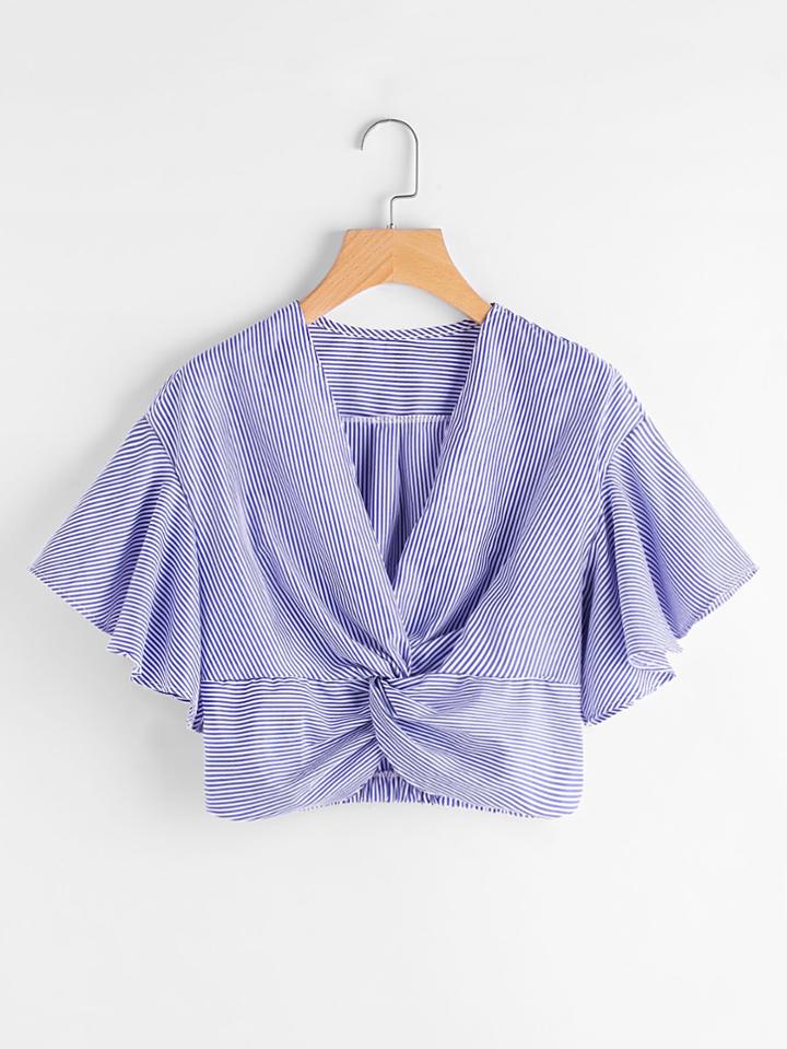 Romwe Plunging V-neckline Pinstripe Twist Front Blouse