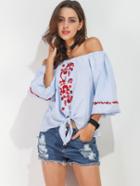 Romwe Bardot Embroidered Knot Front Top