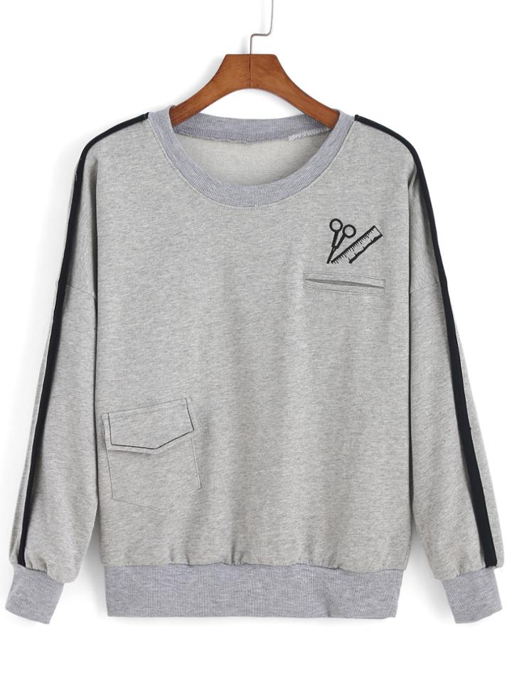 Romwe Ruler Embroidered Pocket Sweatshirt