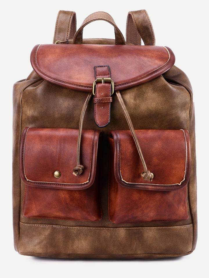 Romwe Khaki Pu Drawstring Double Flap Pocket Backpack