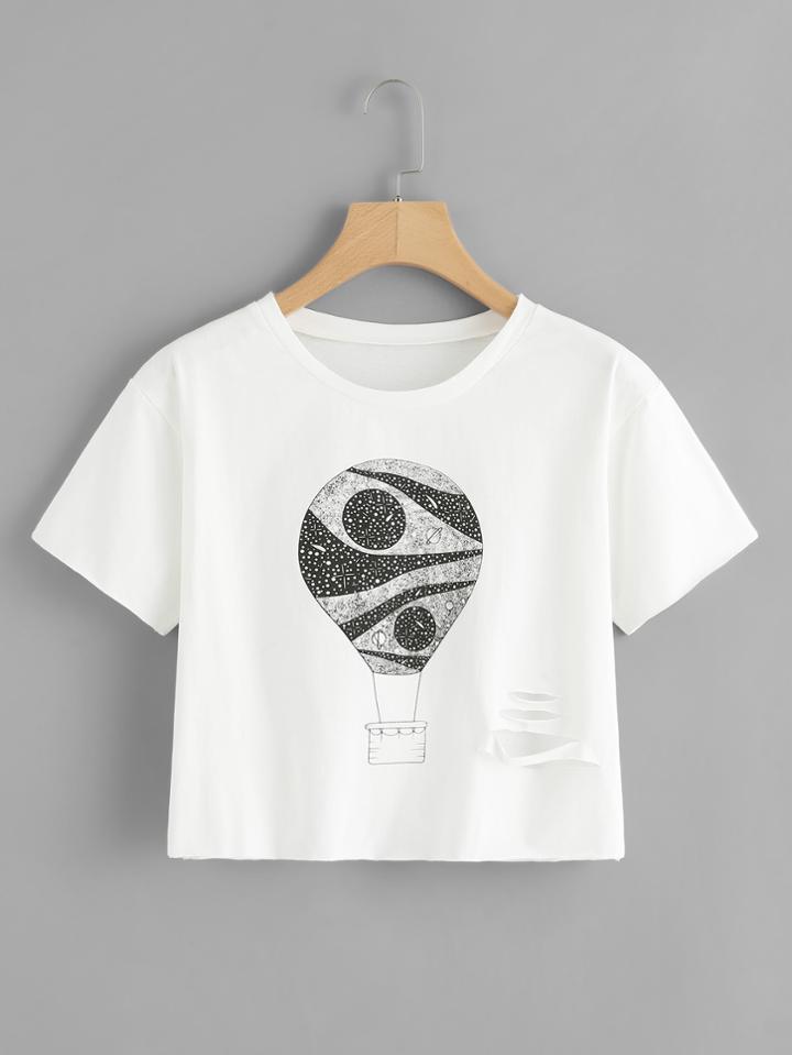 Romwe Graphic Print Ripped Crop Tee