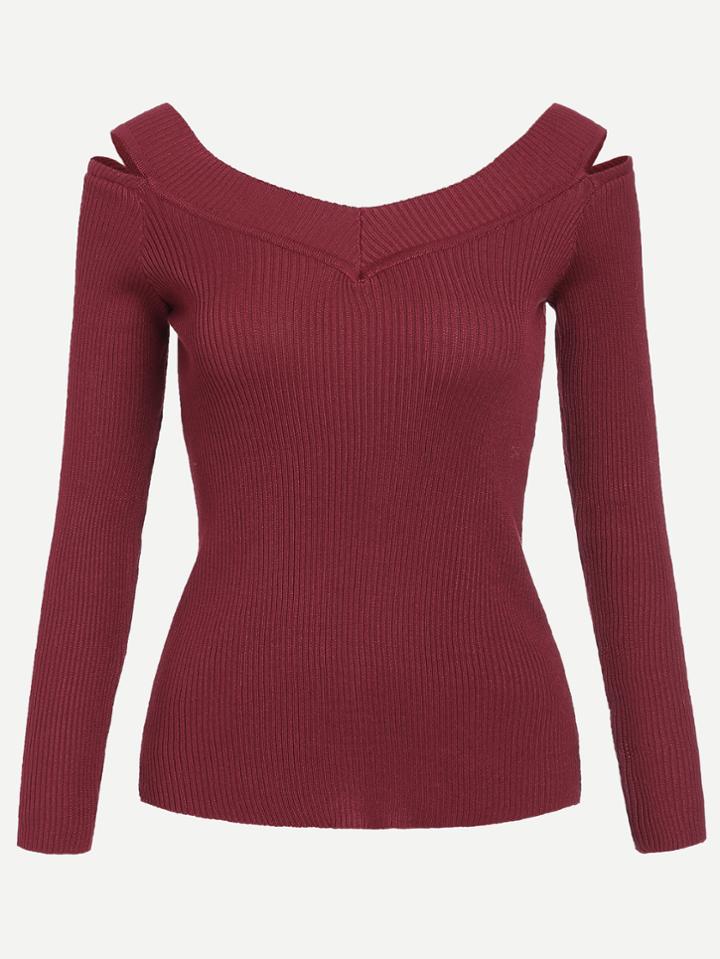 Romwe Burgundy Cutout V Neck Ribbed Knitwear