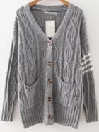 Romwe Grey Striped Detail Button Up Cardigan