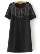 Romwe Black Crew Neck Embroidered A Line Dress