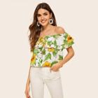 Romwe Off Shoulder Sunflower Print Blouse
