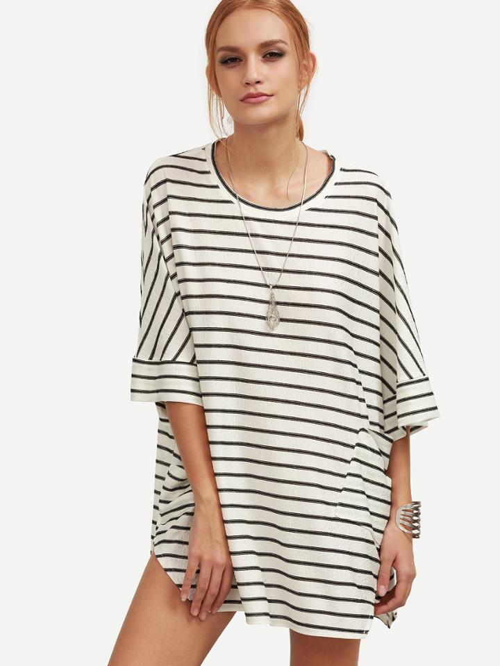 Romwe Black Striped Dual Pocket Oversized T-shirt