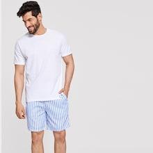 Romwe Guys Solid Short Sleeve Tee & Striped Shorts Pj Set