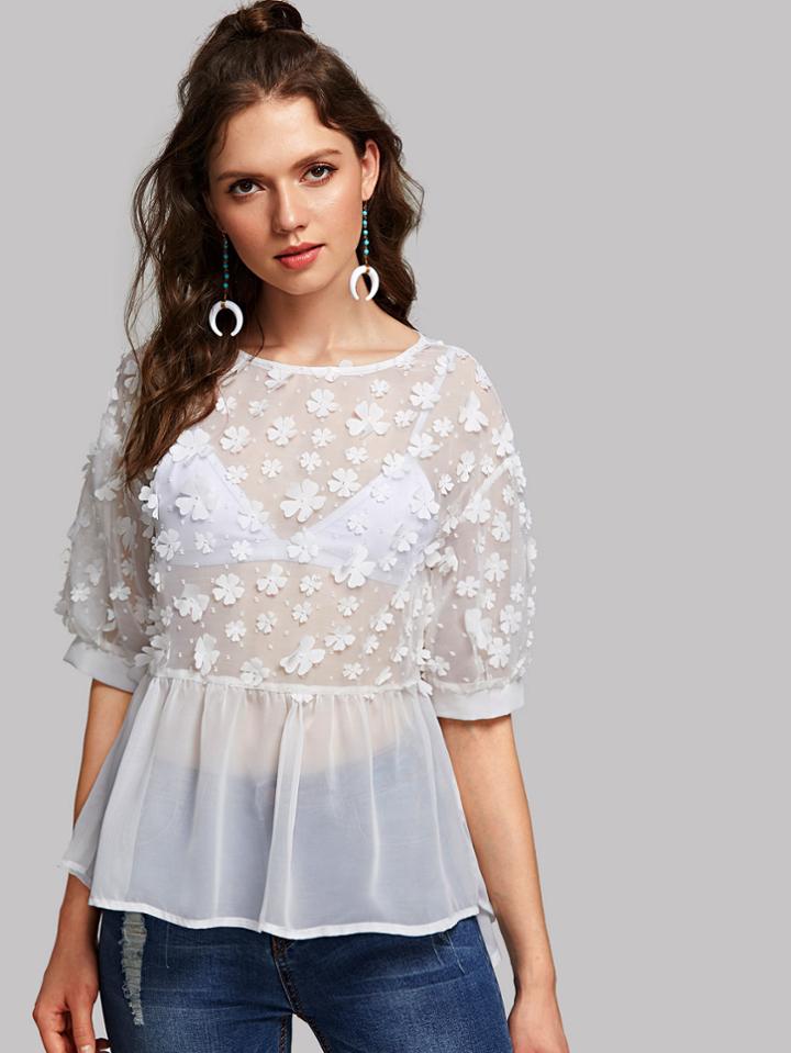 Romwe Flower Applique Semi Sheer Smock Top