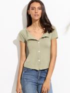 Romwe Army Green Raglan Sleeve Buttons T-shirt