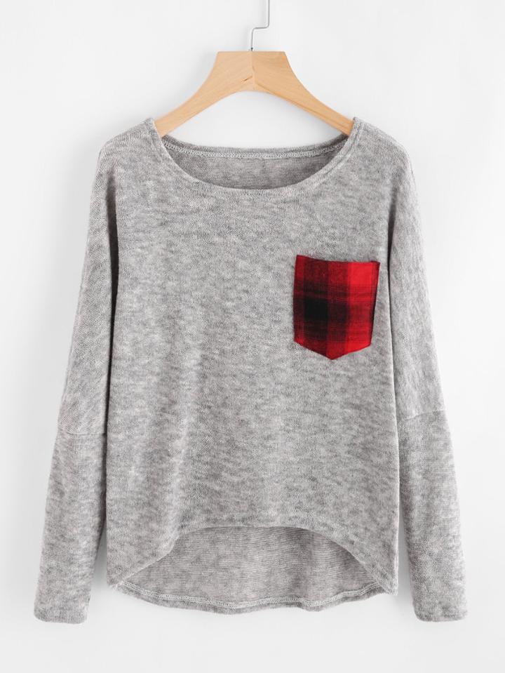 Romwe Contrast Pocket Dip Hem Marled Knit Sweater