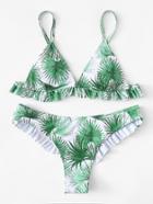 Romwe Leaf Print Ruffle Bikini Set
