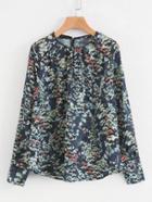 Romwe Button Cuff Floral Blouse