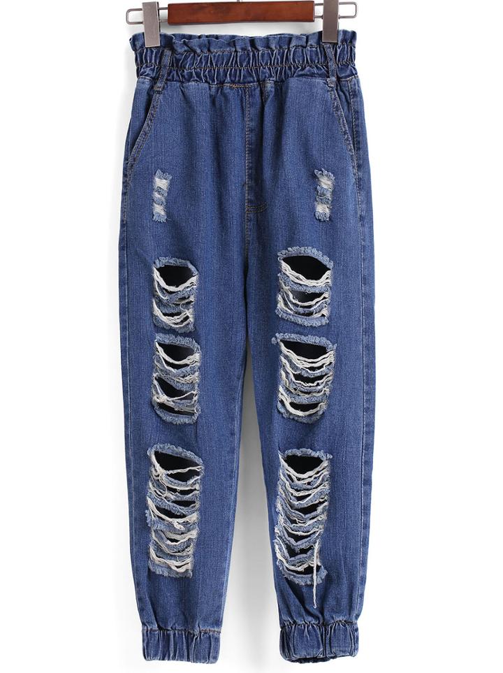 Romwe Elastic Waist Ripped Denim Beam Port Blue Pant