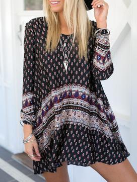 Romwe Black Long Sleeve Print Dress