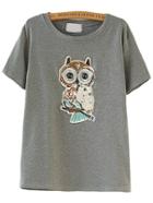 Romwe Owl Sequined Beaded Patch Grey T-shirt
