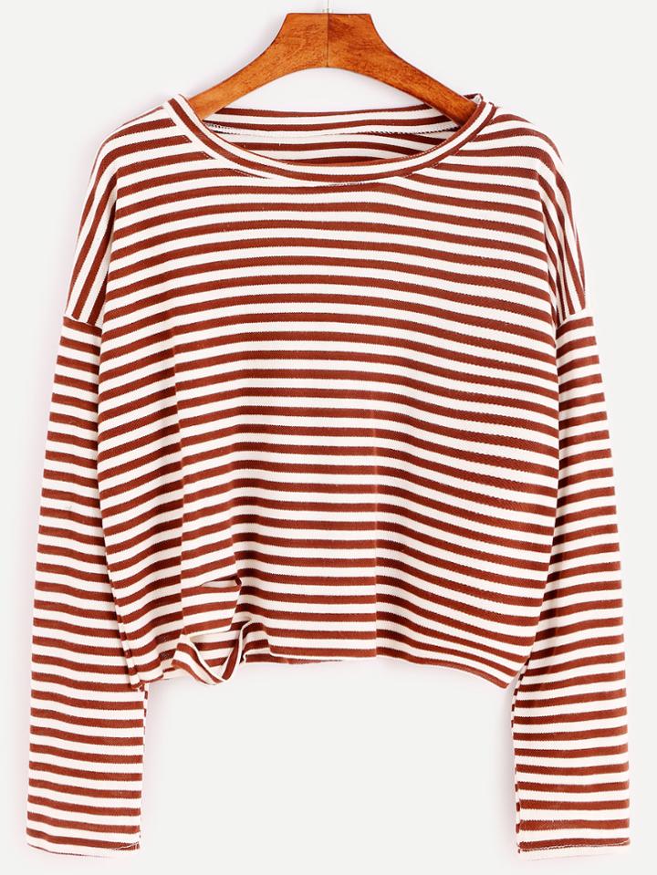 Romwe Striped Distressed Drop Shoulder Seam T-shirt
