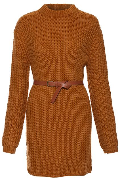 Romwe Coffee Basic Jumper With Belt