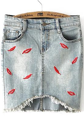 Romwe Lips Embroidered Fringe Denim Skirt