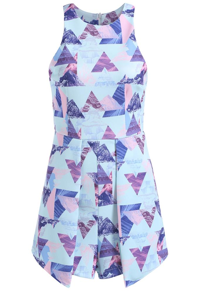 Romwe Sleeveless With Zipper Geometric Print Jumpsuit