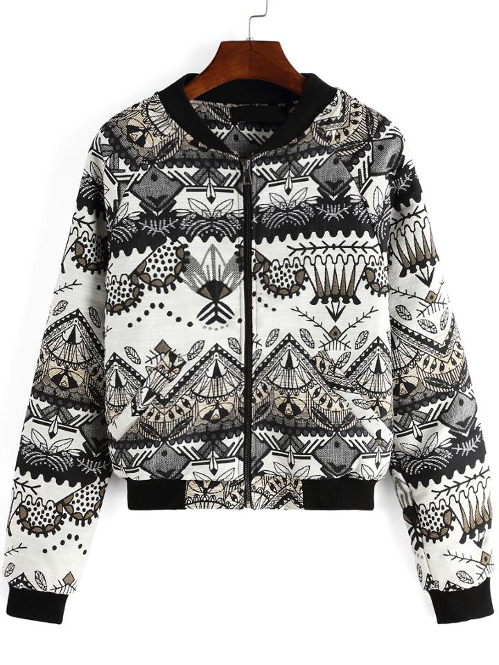 Romwe Tribal Embroidered Zipper Loose Jacket