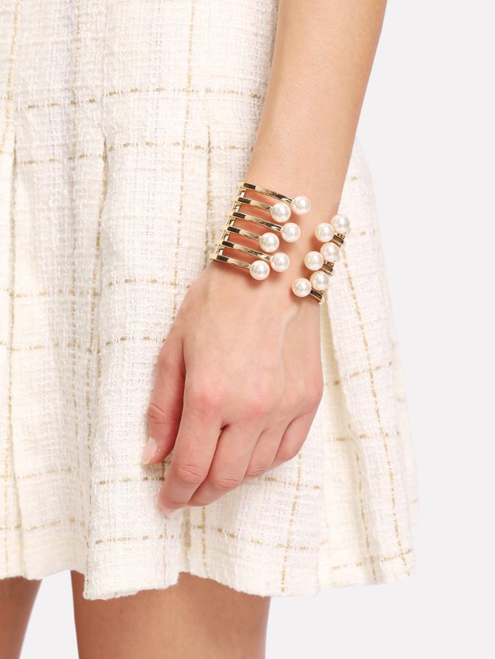 Romwe Faux Pearl Detail Layered Cuff Bracelet