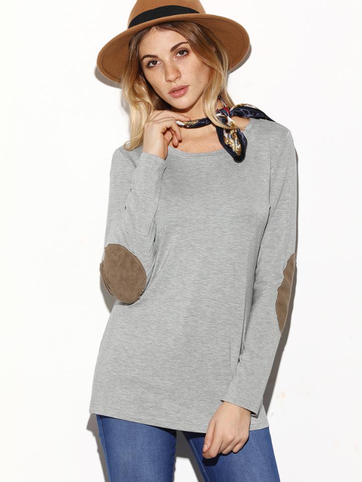 Romwe Grey Long Sleeve Elbow Patch T-shirt