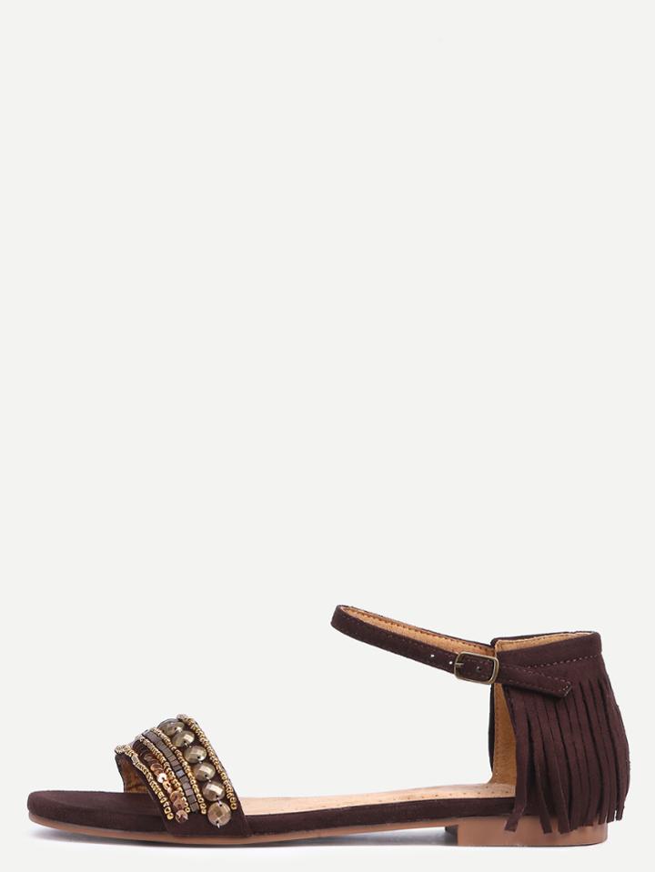 Romwe Faux Suede Studded Fringe Ankle Strap Sandals - Brown