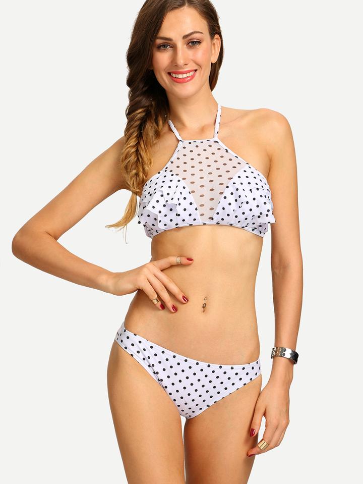 Romwe Mesh Insert Ruffled Polka Dot Print Bikini Set - White