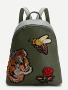 Romwe Olive Green Animal Embroidered Pu Backpack
