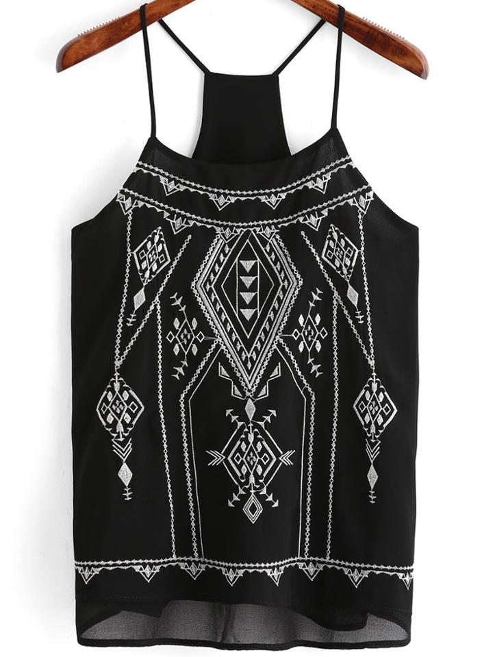 Romwe Spaghetti Strap Aztec Embroidered Cami Top