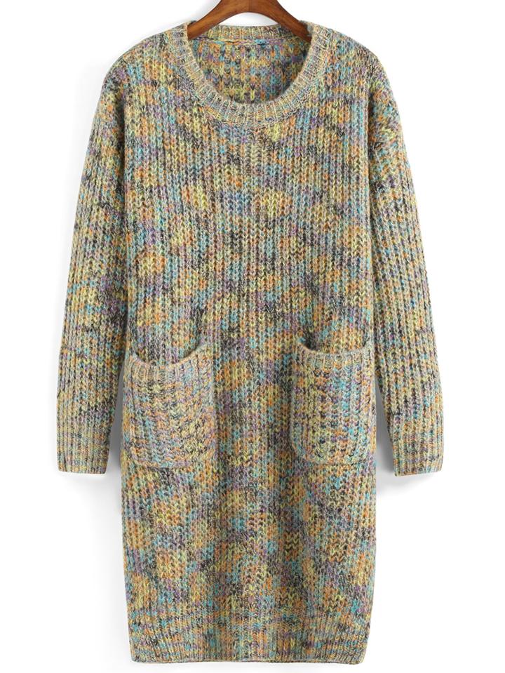 Romwe Long Sleeve Pockets Yellow Sweater Dress