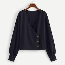 Romwe Surplice Front Solid Blouse