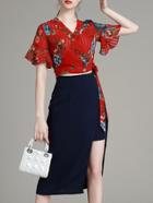 Romwe Navy Red Print Top With Split Skirt