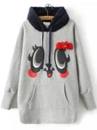 Romwe Hooded Drawstring Eye Pattern Bow Grey Sweatshirt