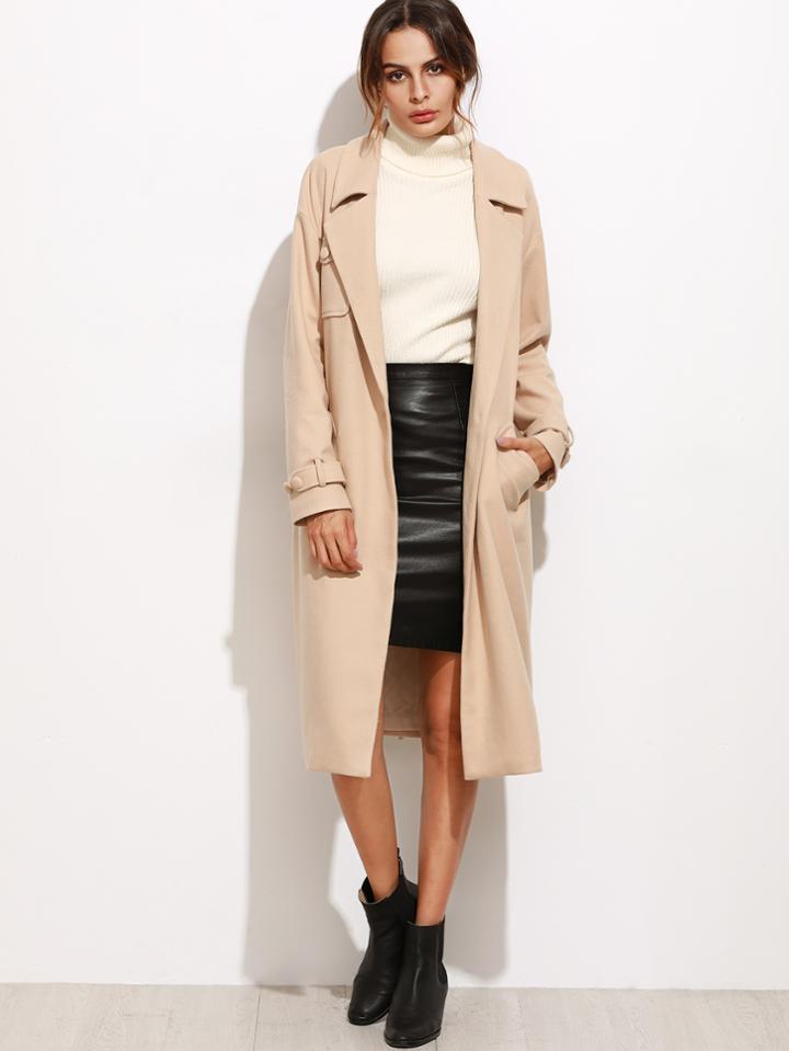 Romwe Light Khaki Lapel Pocket Self Tie Long Coat