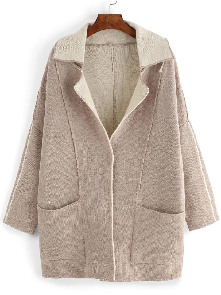 Romwe Dropped Shoulder Seam Khaki Coat Sweater With Pockets