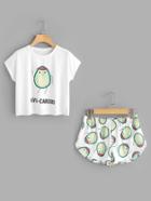 Romwe Cartoon Avocado Print Tee And Shorts Set