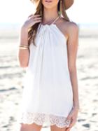 Romwe Cream Crochet Hem Cutaway Tie Neck Dress
