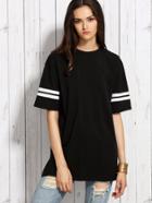 Romwe Black Contrast Striped  Split T-shirt