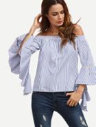 Romwe Blue Striped Off The Shoulder Ruffle Sleeve Blouse