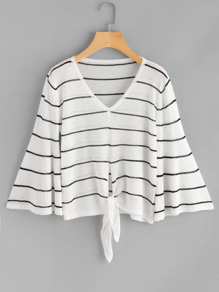 Romwe Fluted Sleeve Striped Split Knot Front Knit Sweater
