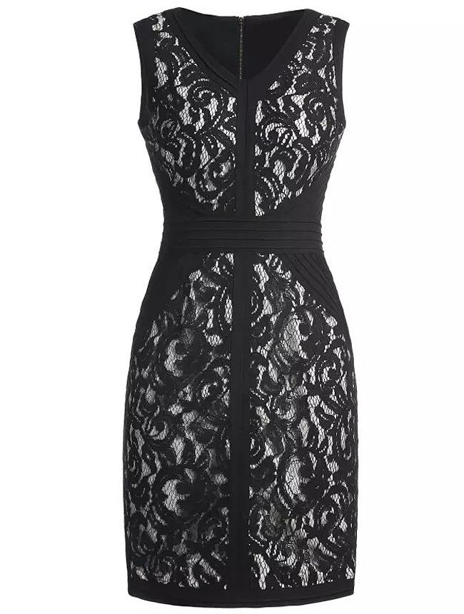 Romwe Black V Neck Sleeveless Lace Slim Dress