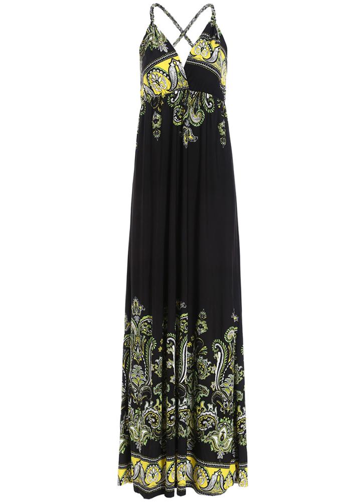 Romwe Back Criss Cross Vintage Print Maxi Dress