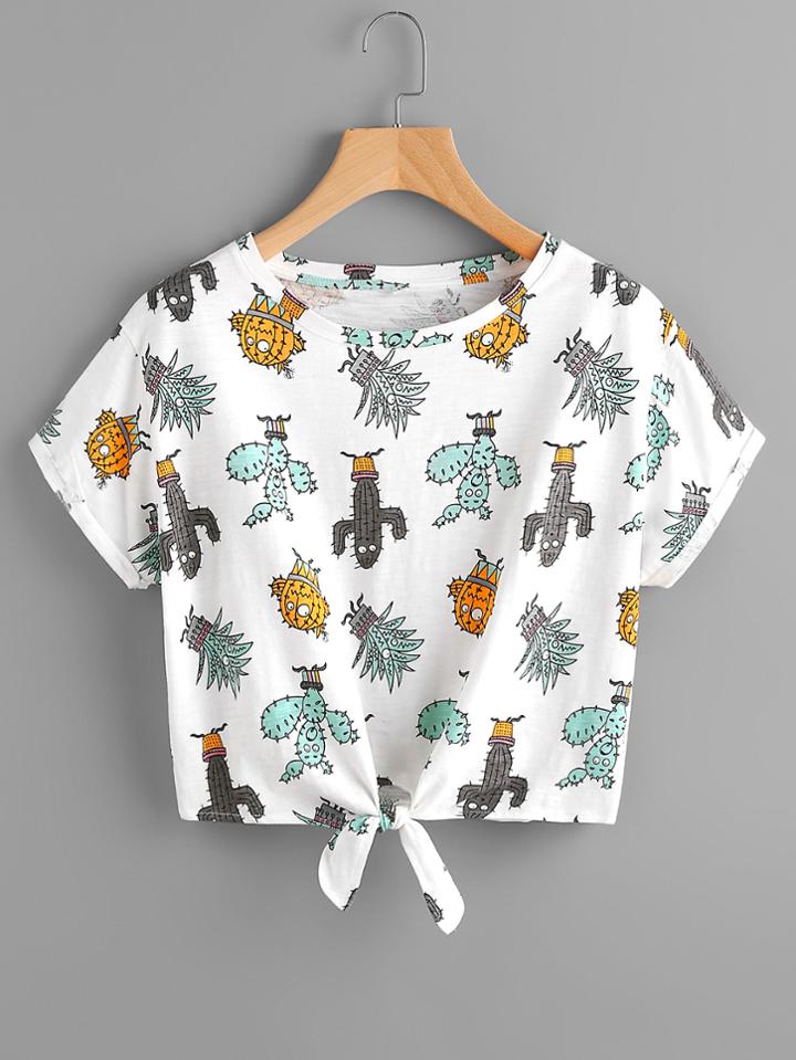 Romwe Cuffed Sleeve Knot Front Cactus Print Tee