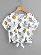 Romwe Cuffed Sleeve Knot Front Cactus Print Tee
