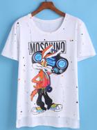 Romwe Rabbit Print Dip Hem White T-shirt