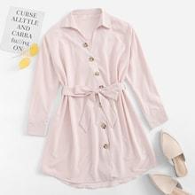 Romwe Single Breasted Self Tie Waist Shirt Dress